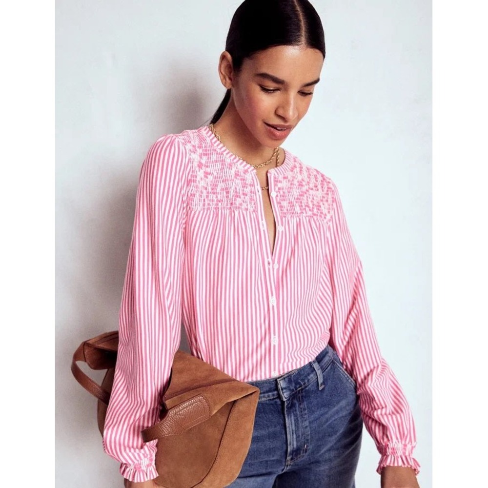 Boden Elsa Smocked Yoke Jersey Shirt-Pink Ribbon Stripe Button down top size 10